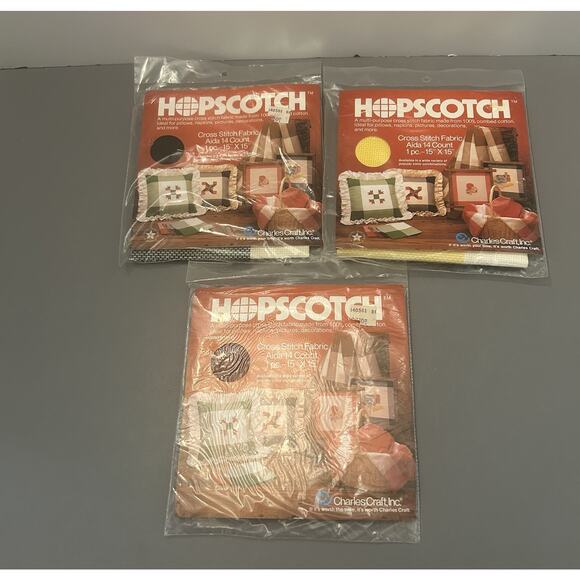 Lot of 3 Hopscotch Cross Stitch Fabric Green, Yellow, Red NOS Charles Craft VTG - Picture 1 of 5